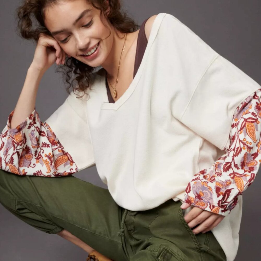 Anthropologie Annette Thermal Waffle Knit Floral Sleeve Top
